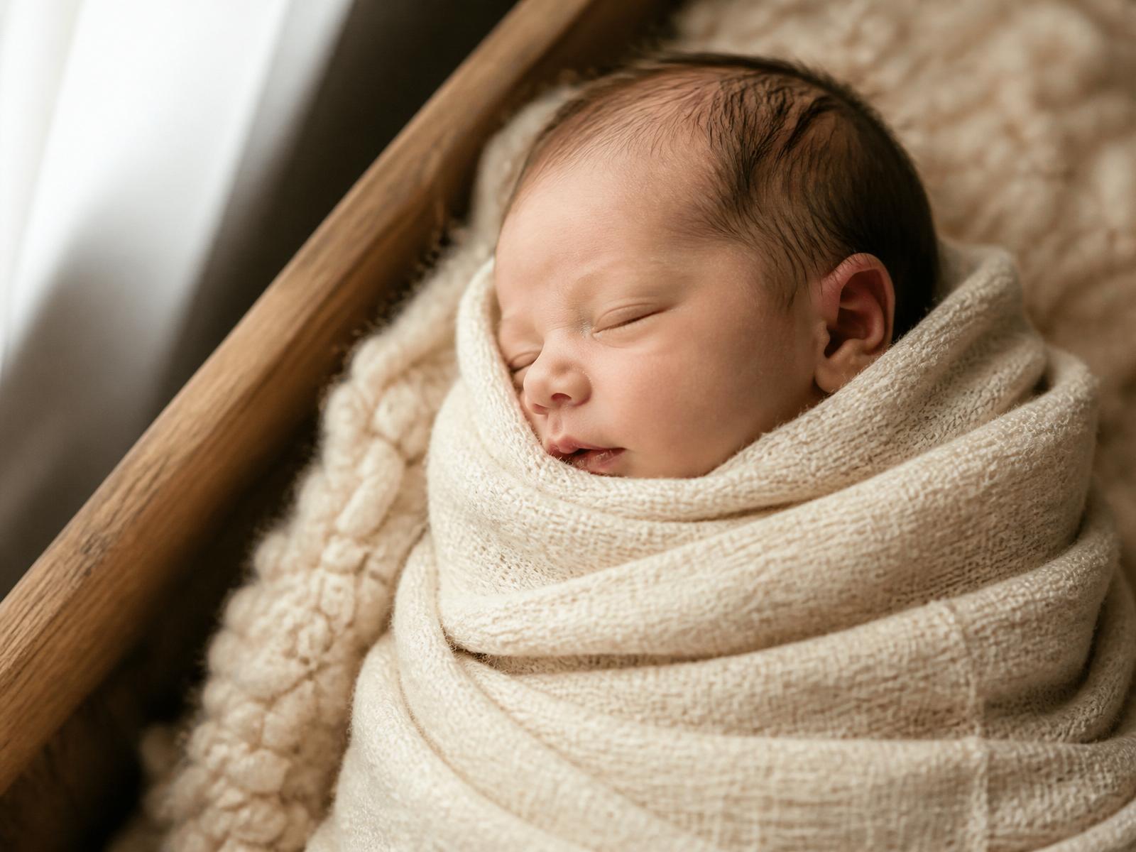 Neugeborenes Baby friedlich in eine cremefarbene Merinodecke gehüllt