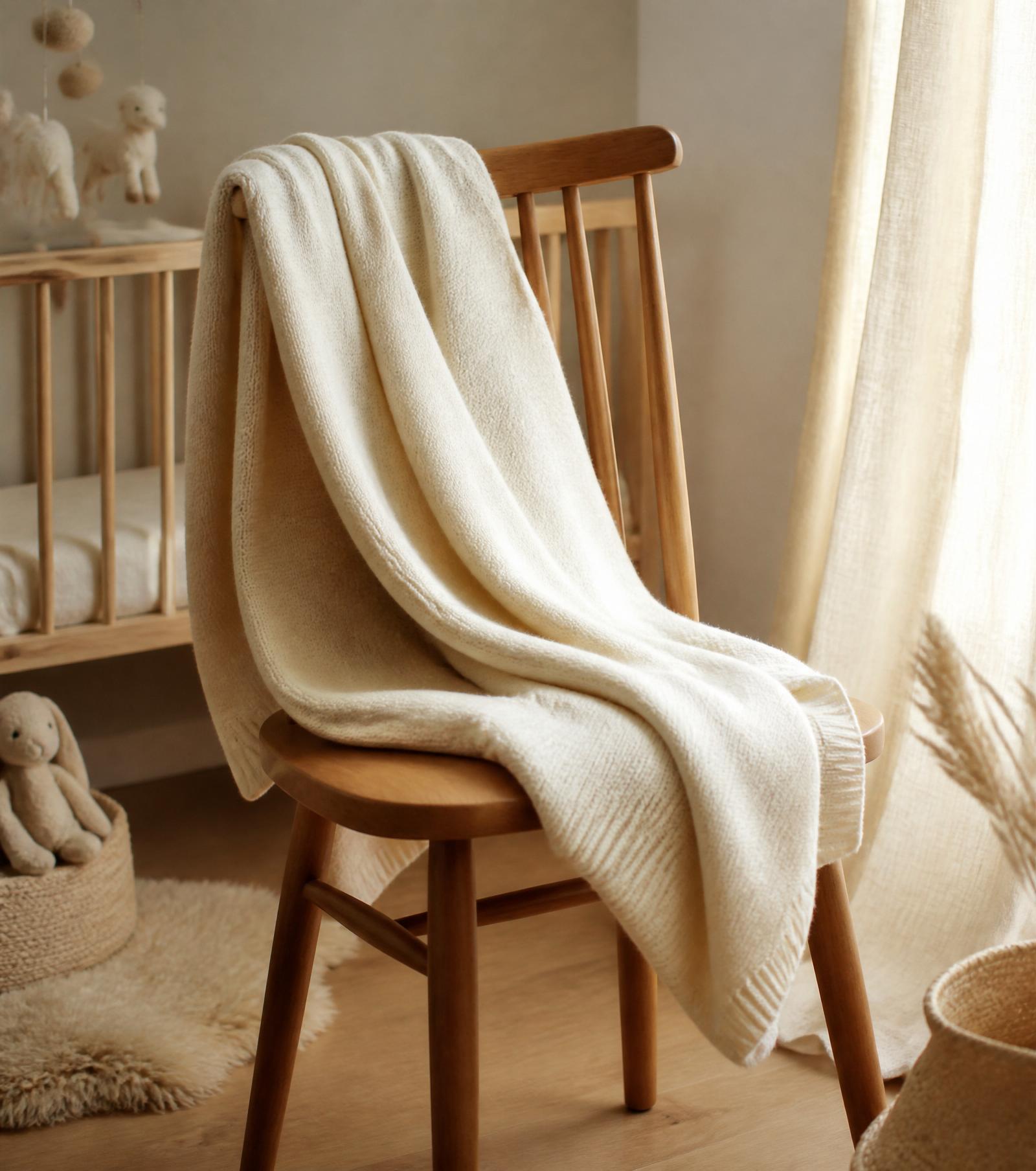 Merinowoll-Decke über einem Holzstuhl im Kinderzimmer