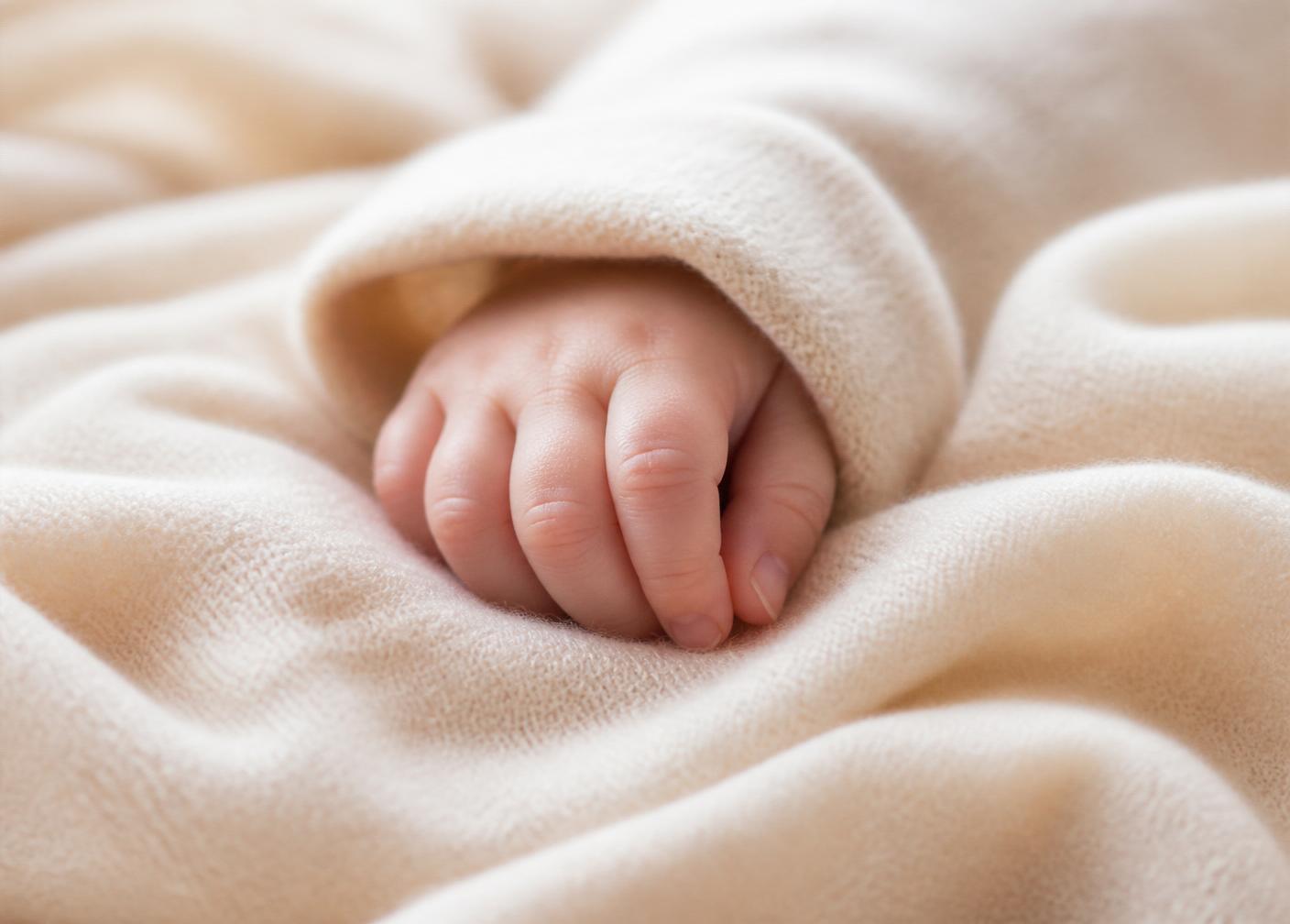 Winzige Babyhand in weichen Falten aus cremefarbener Merinowolle